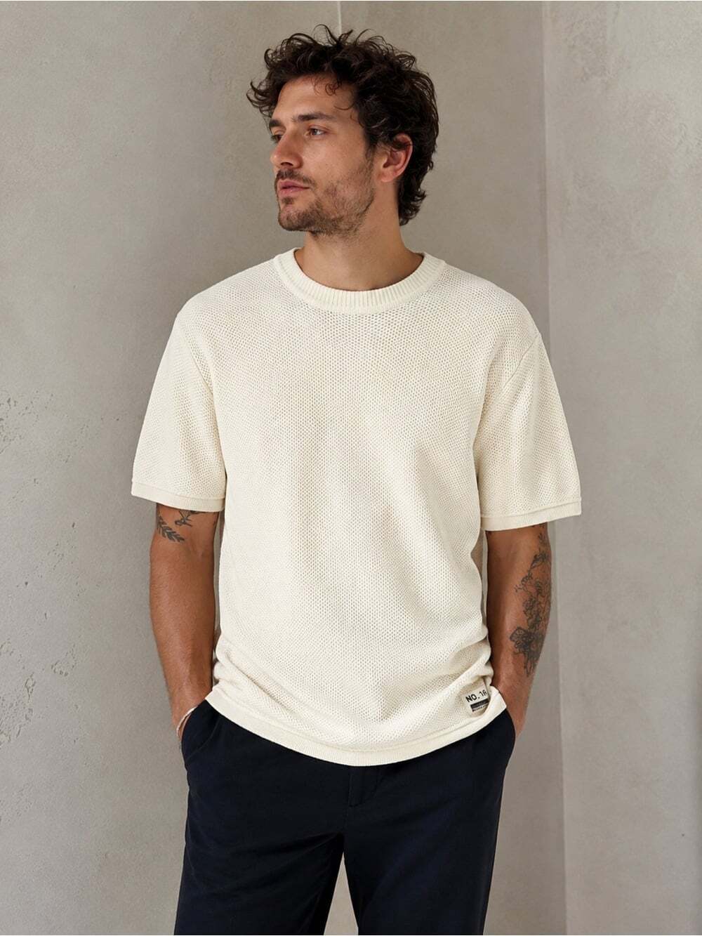 Scotch & Soda Amsterdams Blauw Knit Tee XL Cream Textured Sweater